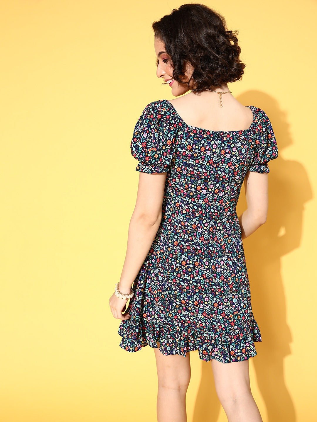 Folk Republic Women Navy Blue Floral Printed Sweetheart Neck Crepe A-Line Mini Dress - #folk republic#