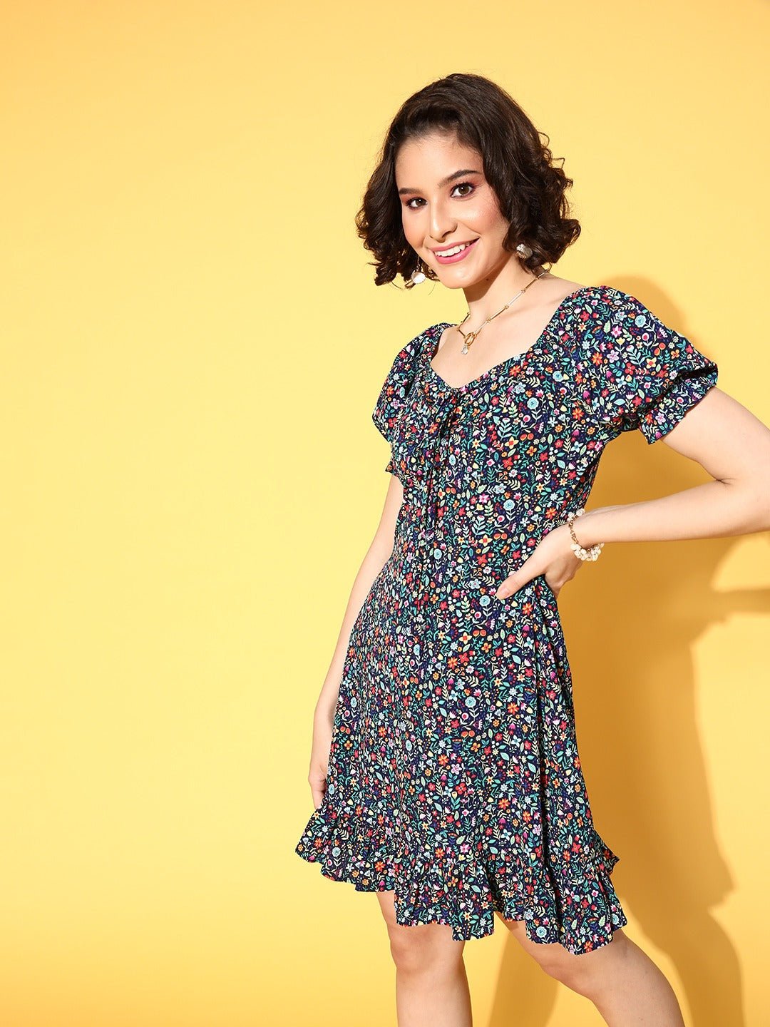 Folk Republic Women Navy Blue Floral Printed Sweetheart Neck Crepe A-Line Mini Dress - #folk republic#
