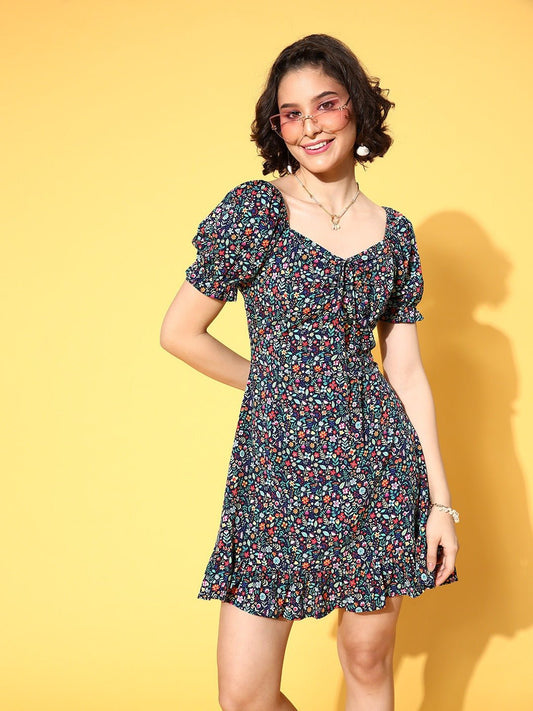 Folk Republic Women Navy Blue Floral Printed Sweetheart Neck Crepe A-Line Mini Dress - #folk republic#