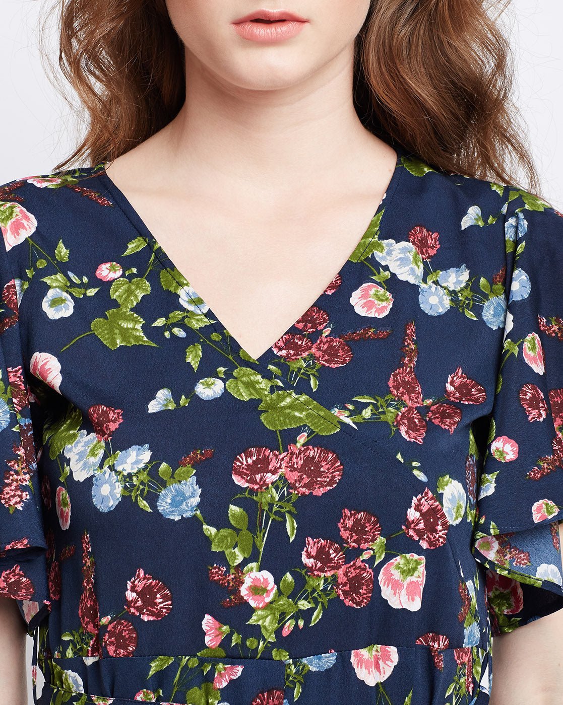 Folk Republic Women Navy Blue Floral Printed V-Neck Waist Tie-Up Flared Maxi Dress - #folk republic#