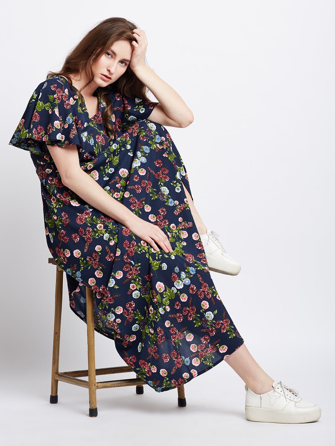Folk Republic Women Navy Blue Floral Printed V-Neck Waist Tie-Up Flared Maxi Dress - #folk republic#