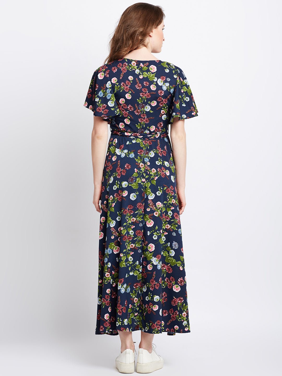 Folk Republic Women Navy Blue Floral Printed V-Neck Waist Tie-Up Flared Maxi Dress - #folk republic#