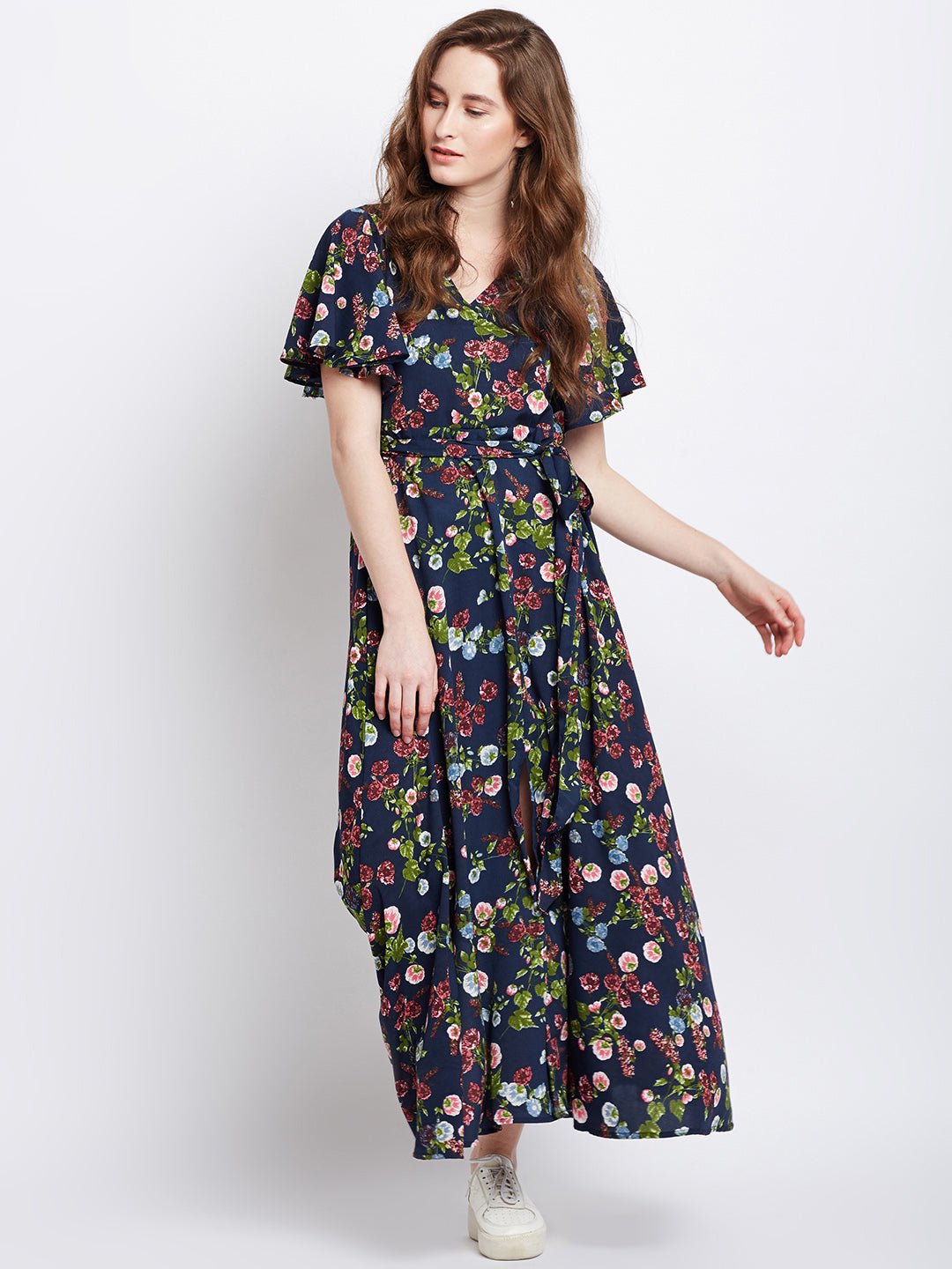 Folk Republic Women Navy Blue Floral Printed V-Neck Waist Tie-Up Flared Maxi Dress - #folk republic#