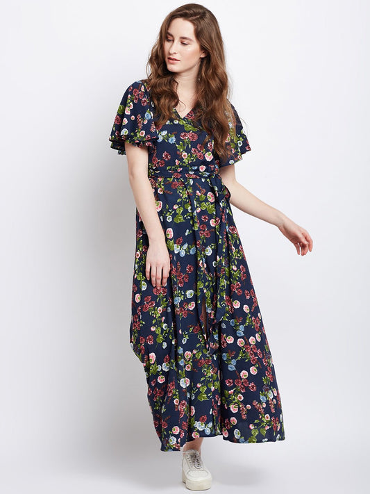 Folk Republic Women Navy Blue Floral Printed V-Neck Waist Tie-Up Flared Maxi Dress - #folk republic#