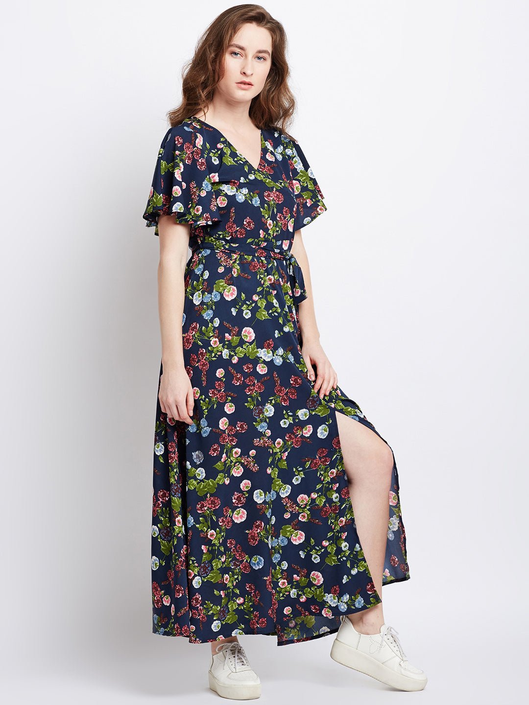 Folk Republic Women Navy Blue Floral Printed V-Neck Waist Tie-Up Flared Maxi Dress - #folk republic#