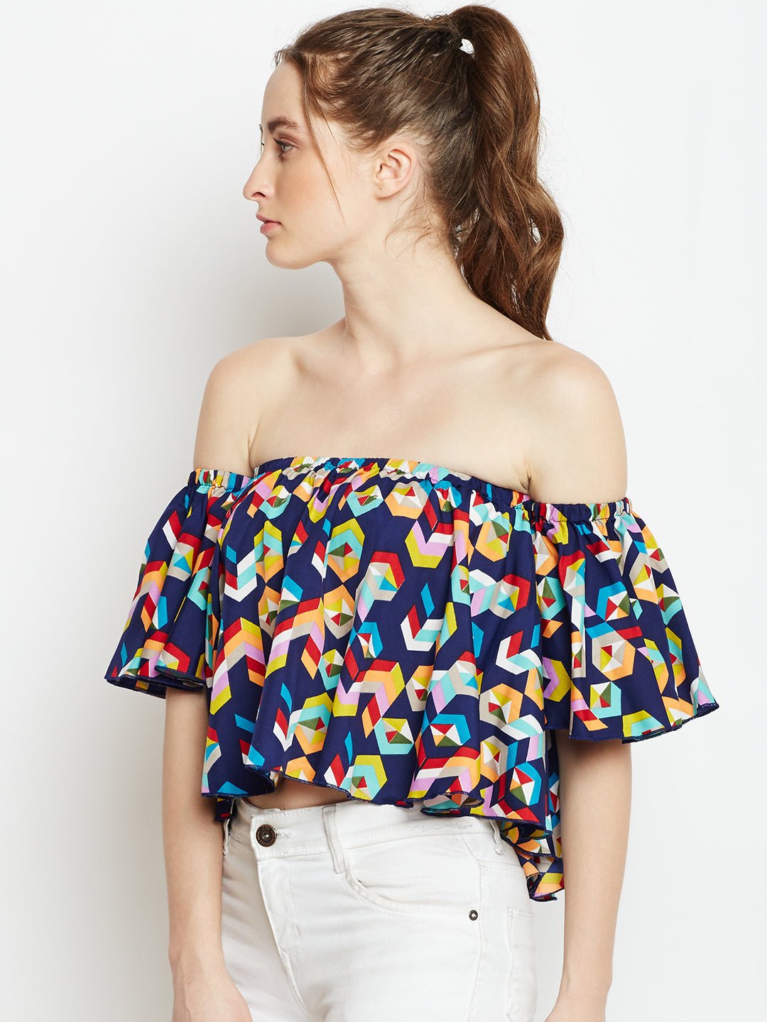 Folk Republic Women Navy Blue Geometric Printed Off-Shoulder Neck Ruffled Crop Bardot Top - #folk republic#
