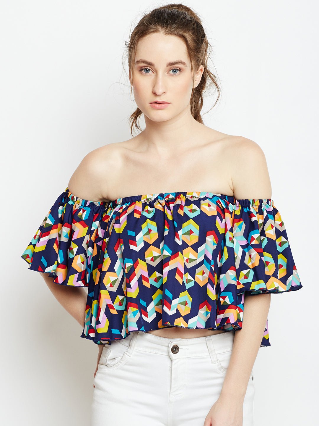 Folk Republic Women Navy Blue Geometric Printed Off-Shoulder Neck Ruffled Crop Bardot Top - #folk republic#