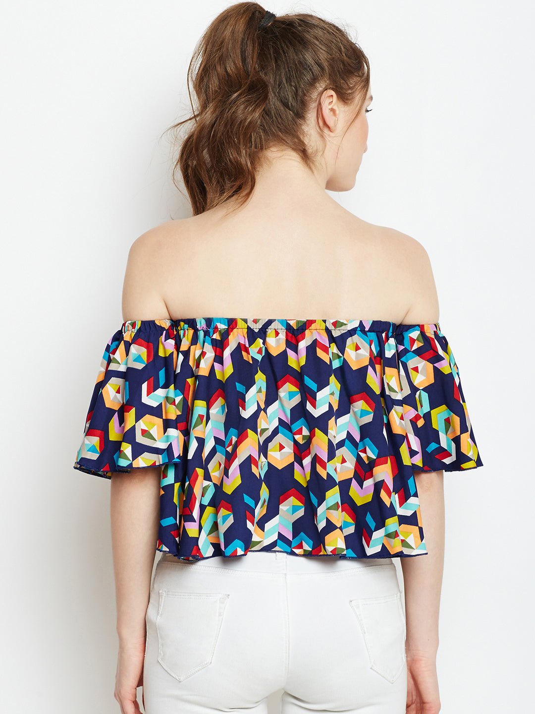 Folk Republic Women Navy Blue Geometric Printed Off-Shoulder Neck Ruffled Crop Bardot Top - #folk republic#