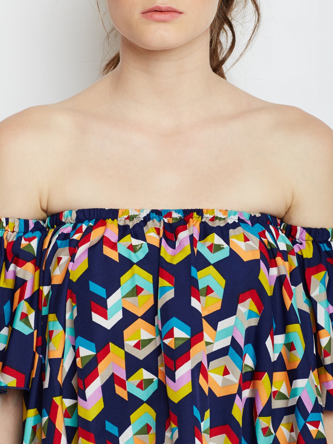 Folk Republic Women Navy Blue Geometric Printed Off-Shoulder Neck Ruffled Crop Bardot Top - #folk republic#