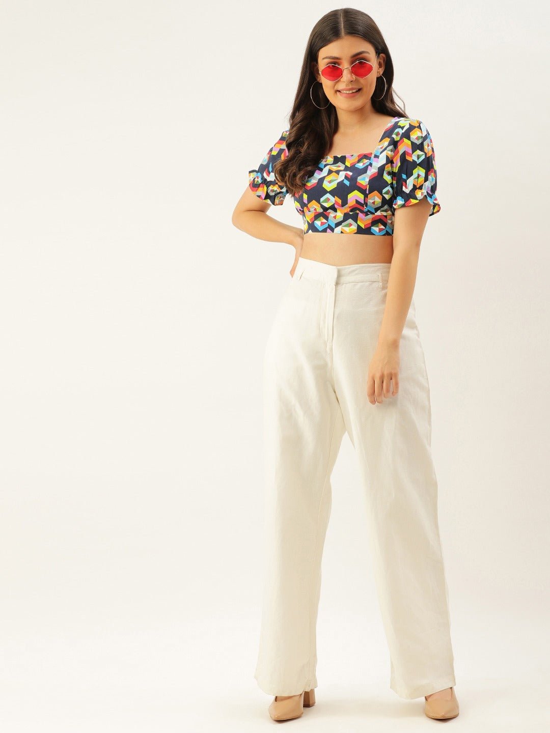Folk Republic Women Navy Blue Geometric Printed Open Back Crop Top - #folk republic#