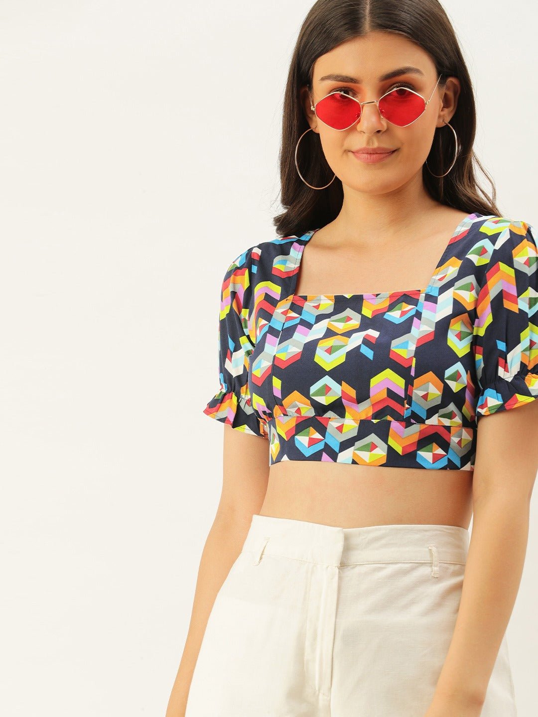 Folk Republic Women Navy Blue Geometric Printed Open Back Crop Top - #folk republic#