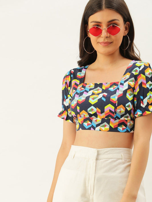 Folk Republic Women Navy Blue Geometric Printed Open Back Crop Top - #folk republic#