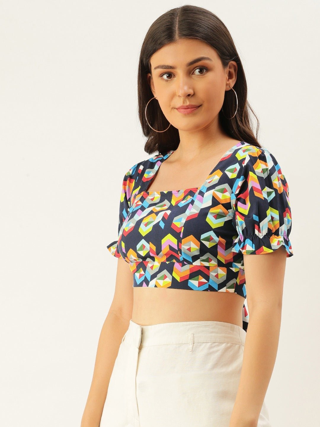 Folk Republic Women Navy Blue Geometric Printed Open Back Crop Top - #folk republic#