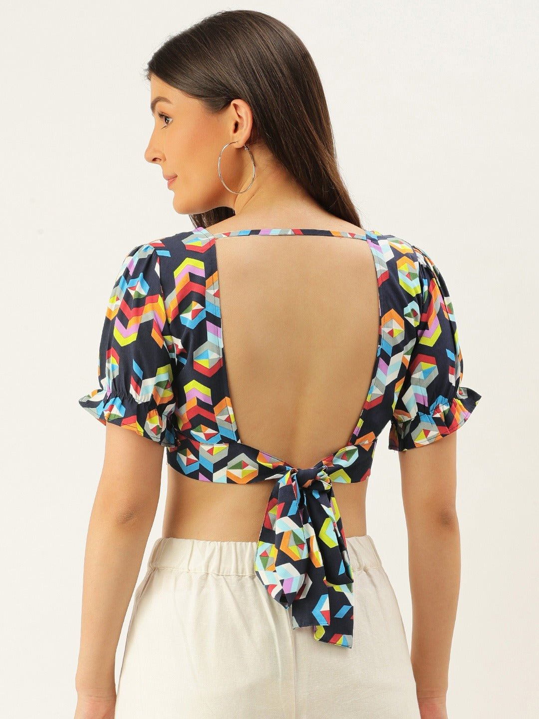 Folk Republic Women Navy Blue Geometric Printed Open Back Crop Top - #folk republic#