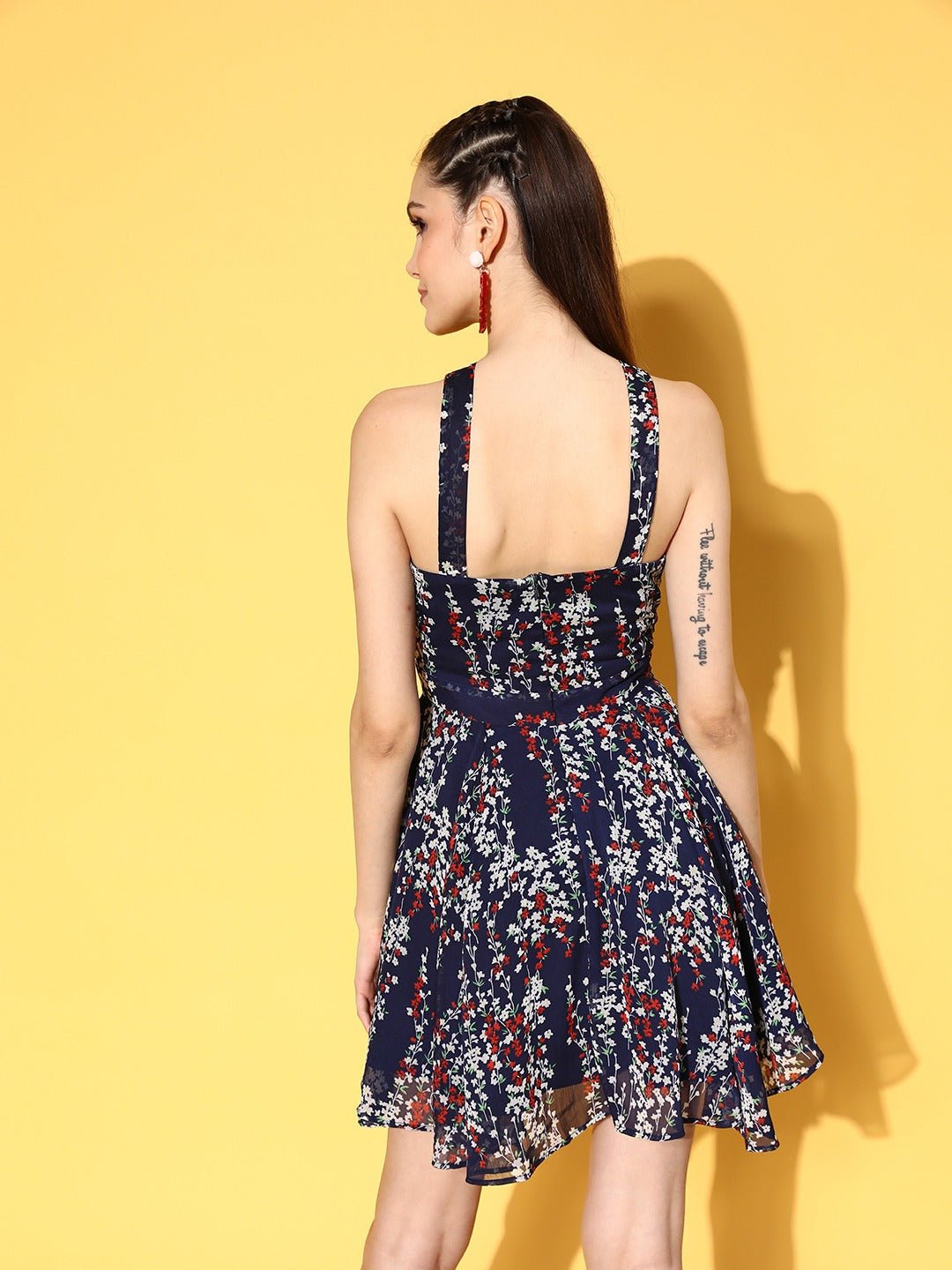 Folk Republic Women Navy Blue & Off-White Floral Printed Halter Neck Chiffon Flared A-Line Mini Dress - #folk republic#