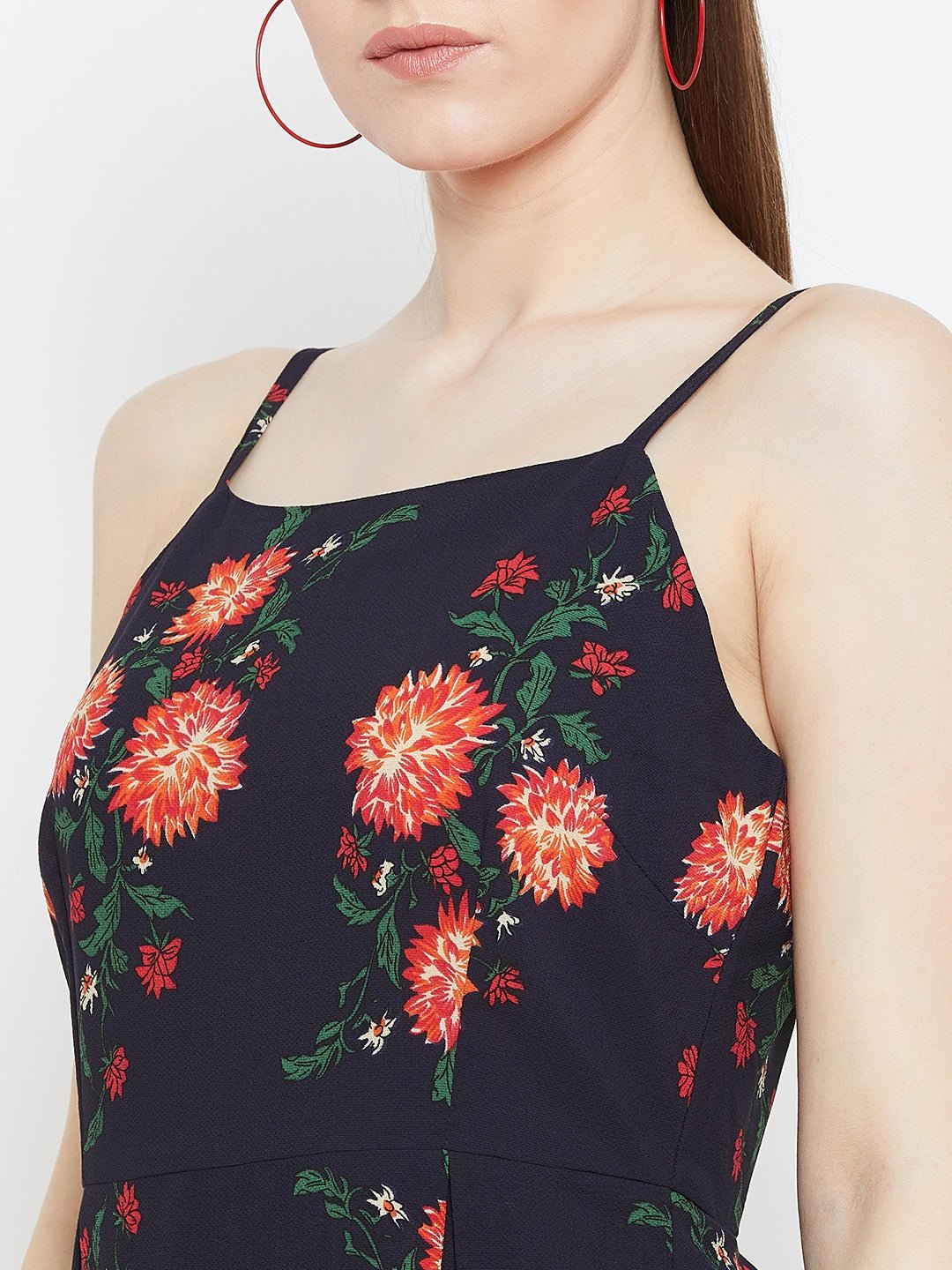 Folk Republic Women Navy Blue & Orange Floral Printed Square Neck Flared Fit & Flare Mini Dress - #folk republic#
