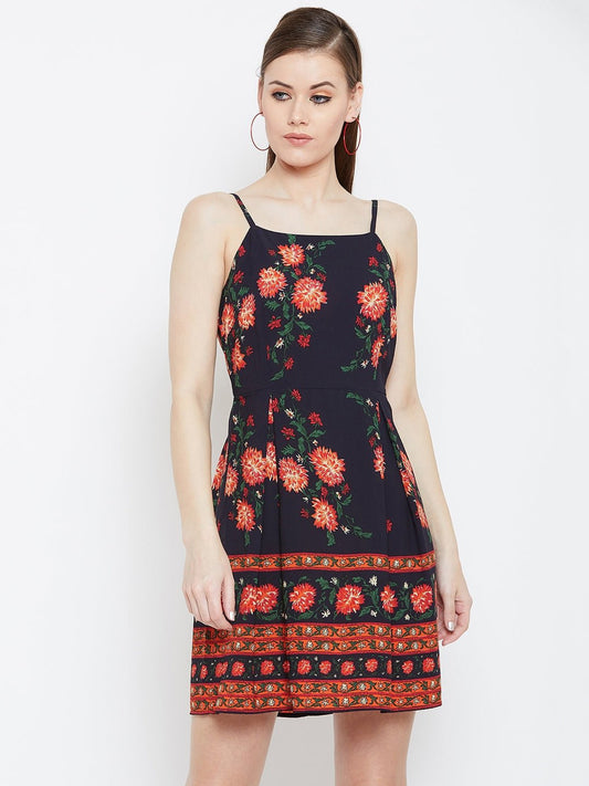 Folk Republic Women Navy Blue & Orange Floral Printed Square Neck Flared Fit & Flare Mini Dress - #folk republic#
