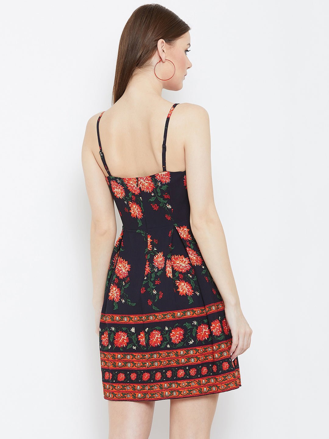 Folk Republic Women Navy Blue & Orange Floral Printed Square Neck Flared Fit & Flare Mini Dress - #folk republic#