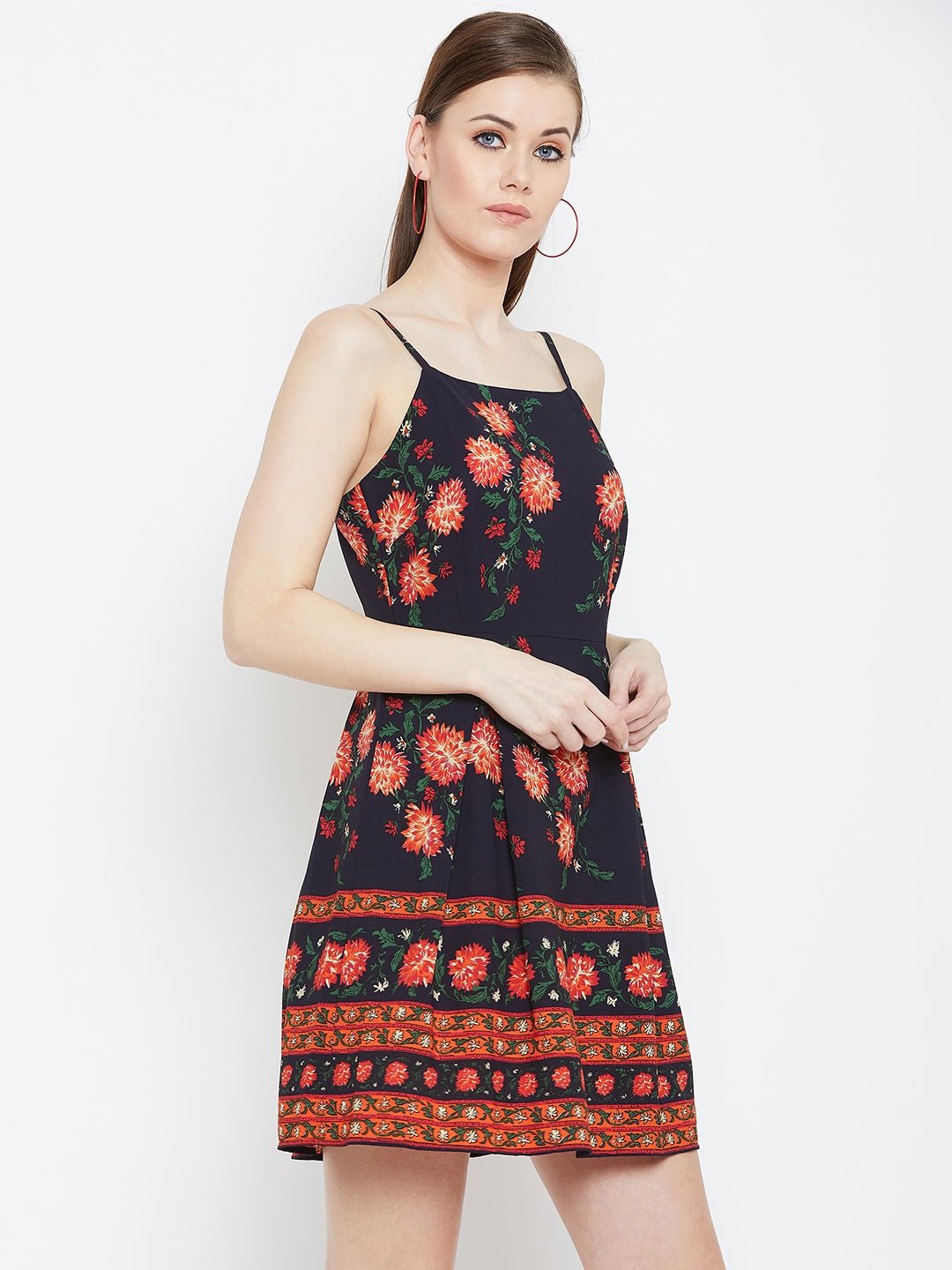 Folk Republic Women Navy Blue & Orange Floral Printed Square Neck Flared Fit & Flare Mini Dress - #folk republic#