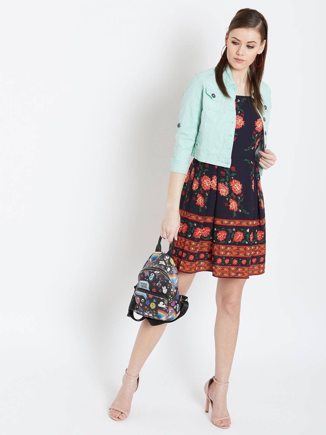 Folk Republic Women Navy Blue & Orange Floral Printed Square Neck Flared Fit & Flare Mini Dress - #folk republic#