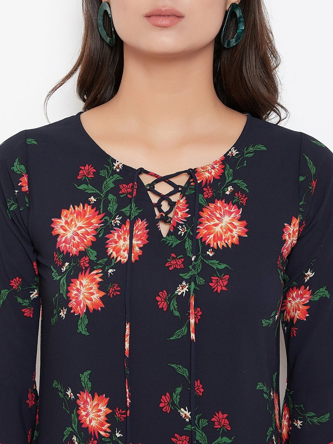 Folk Republic Women Navy Blue & Orange Floral Printed Tie-Up Neck A-Line Mini Dress - #folk republic#