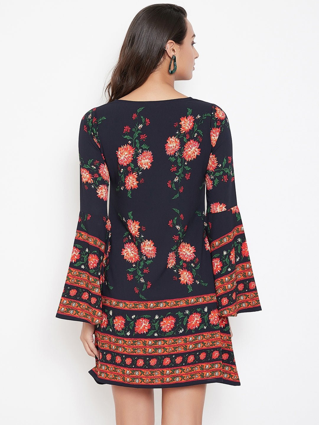 Folk Republic Women Navy Blue & Orange Floral Printed Tie-Up Neck A-Line Mini Dress - #folk republic#