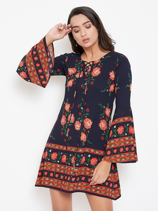 Folk Republic Women Navy Blue & Orange Floral Printed Tie-Up Neck A-Line Mini Dress - #folk republic#