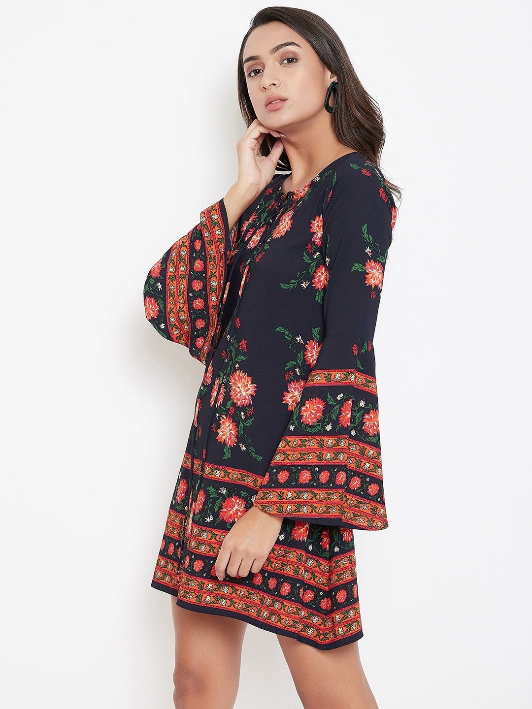 Folk Republic Women Navy Blue & Orange Floral Printed Tie-Up Neck A-Line Mini Dress - #folk republic#