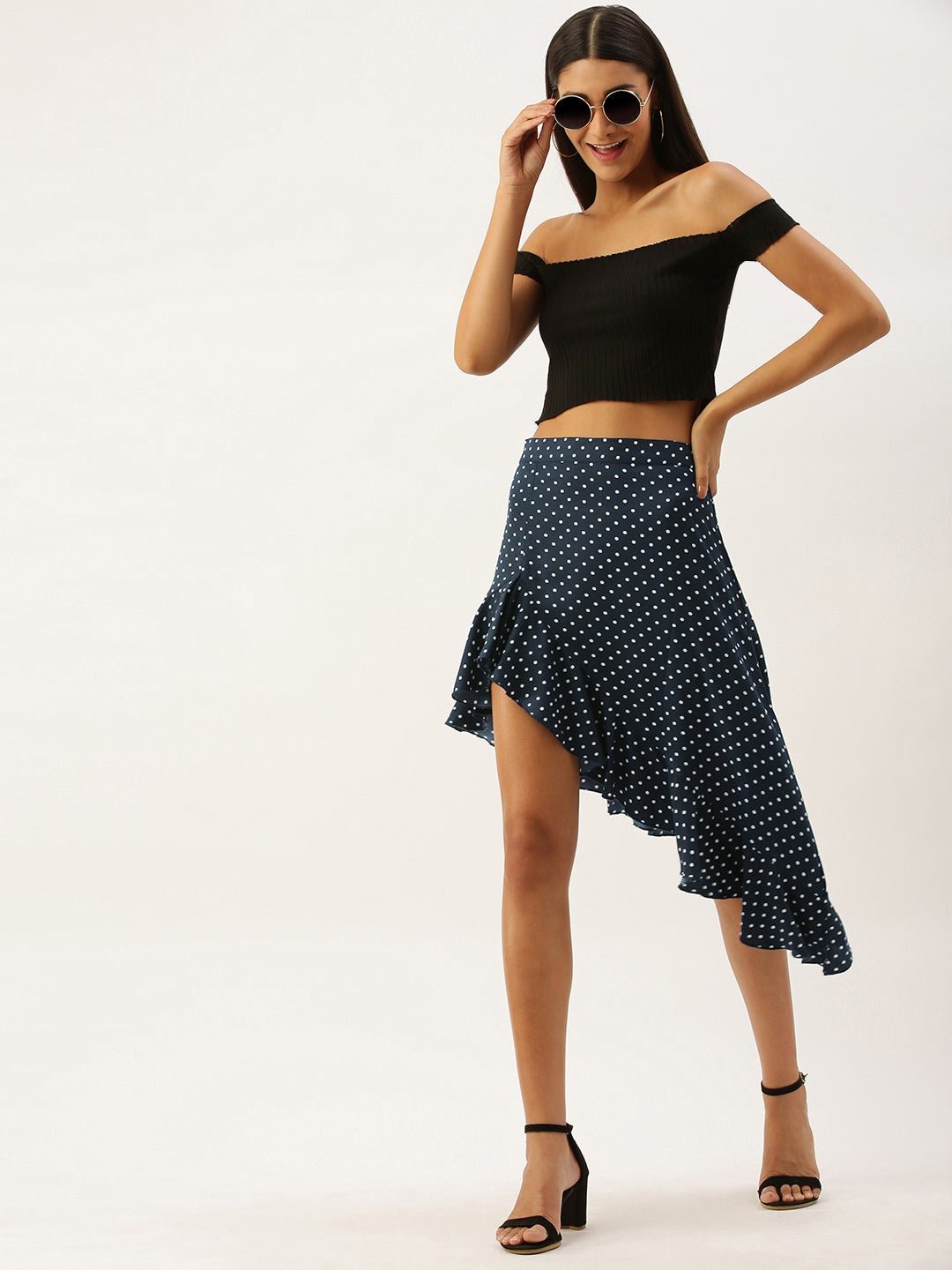 Folk Republic Women Navy Blue Polka Dot Asymmetrical Hem Ruffled Skirt - #folk republic#