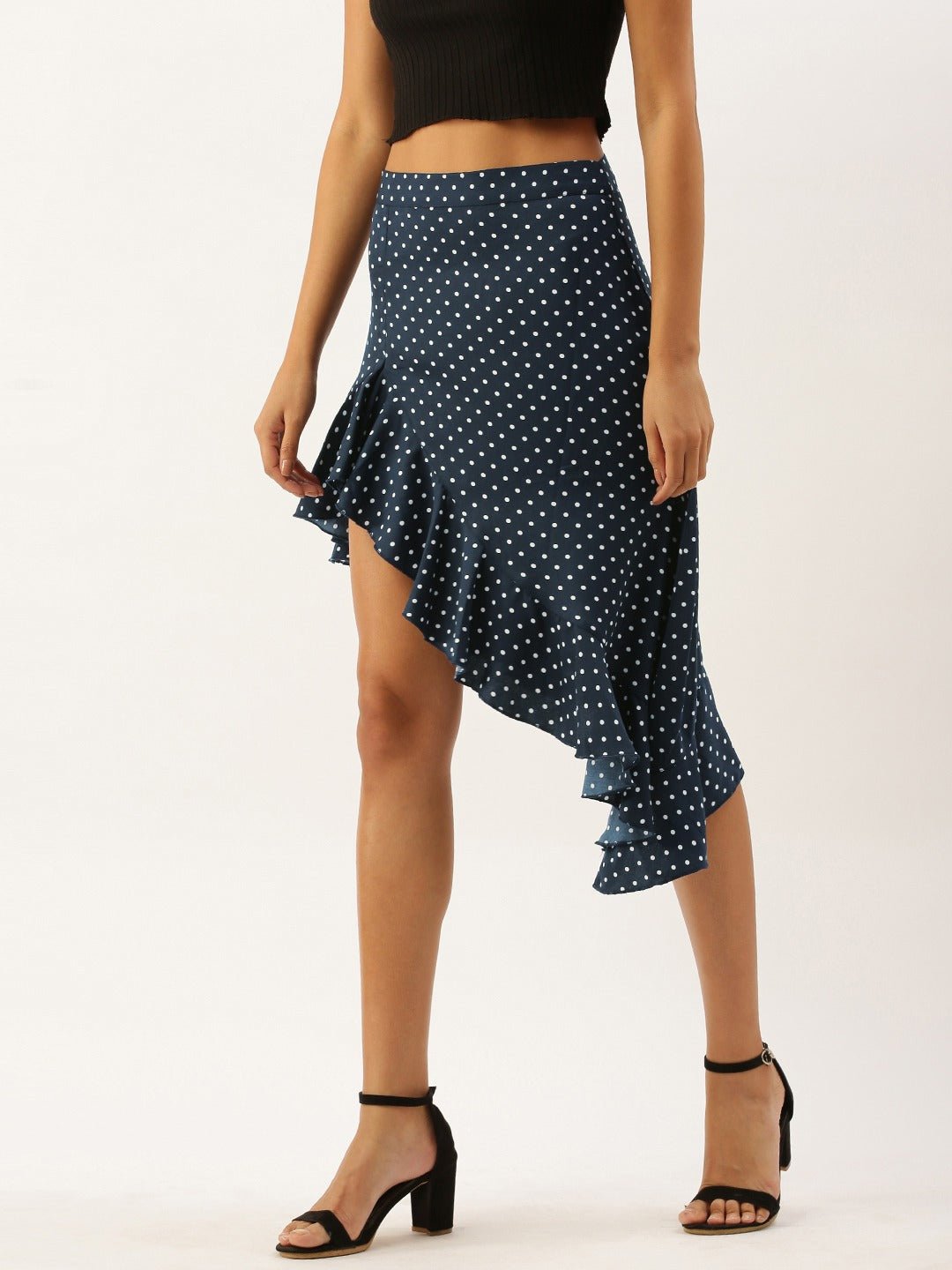 Folk Republic Women Navy Blue Polka Dot Asymmetrical Hem Ruffled Skirt - #folk republic#