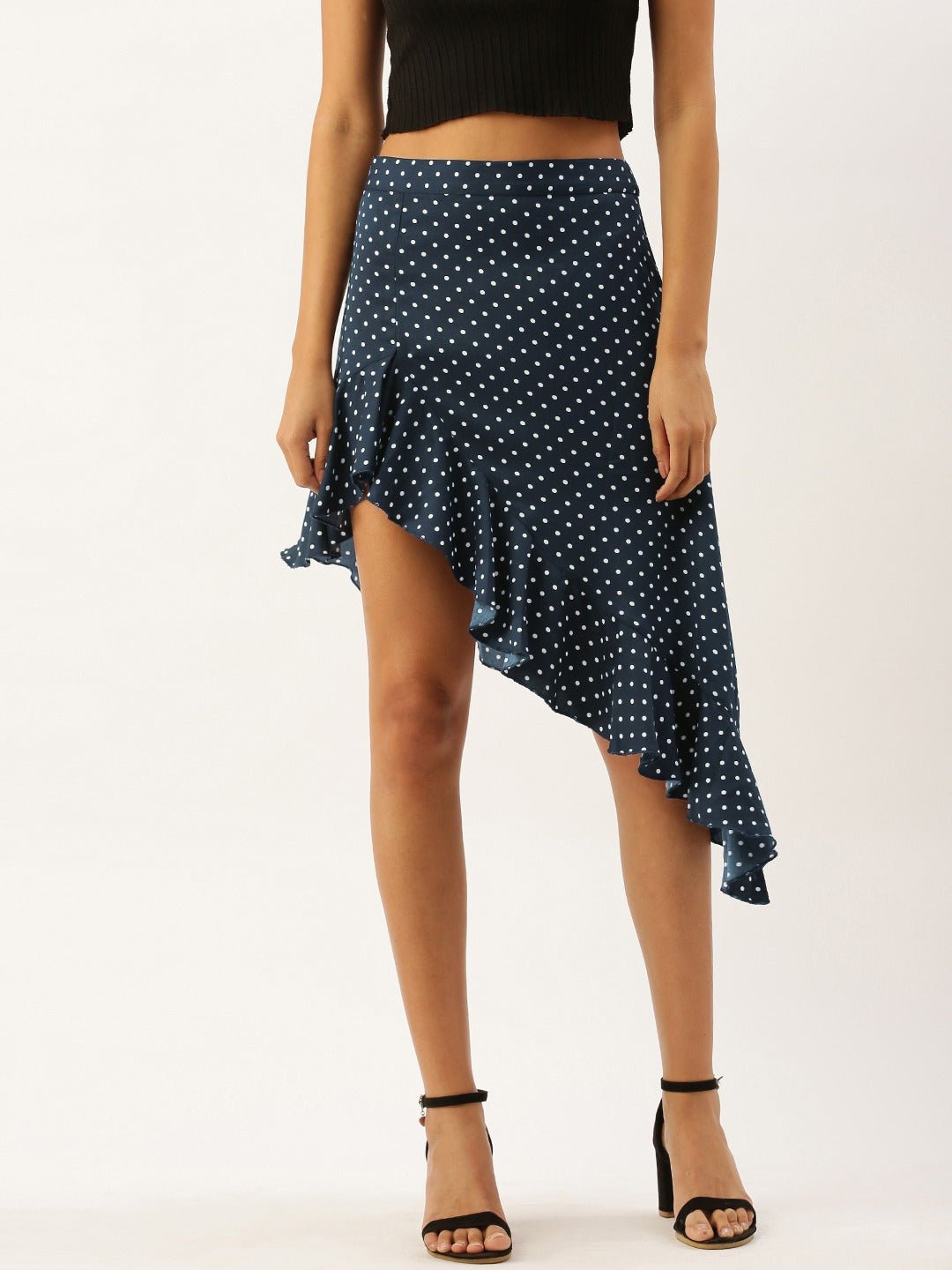 Folk Republic Women Navy Blue Polka Dot Asymmetrical Hem Ruffled Skirt - #folk republic#