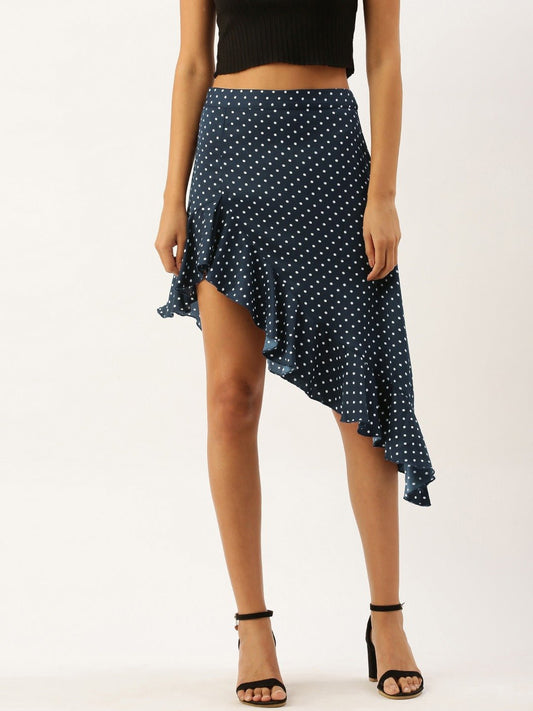 Folk Republic Women Navy Blue Polka Dot Asymmetrical Hem Ruffled Skirt - #folk republic#