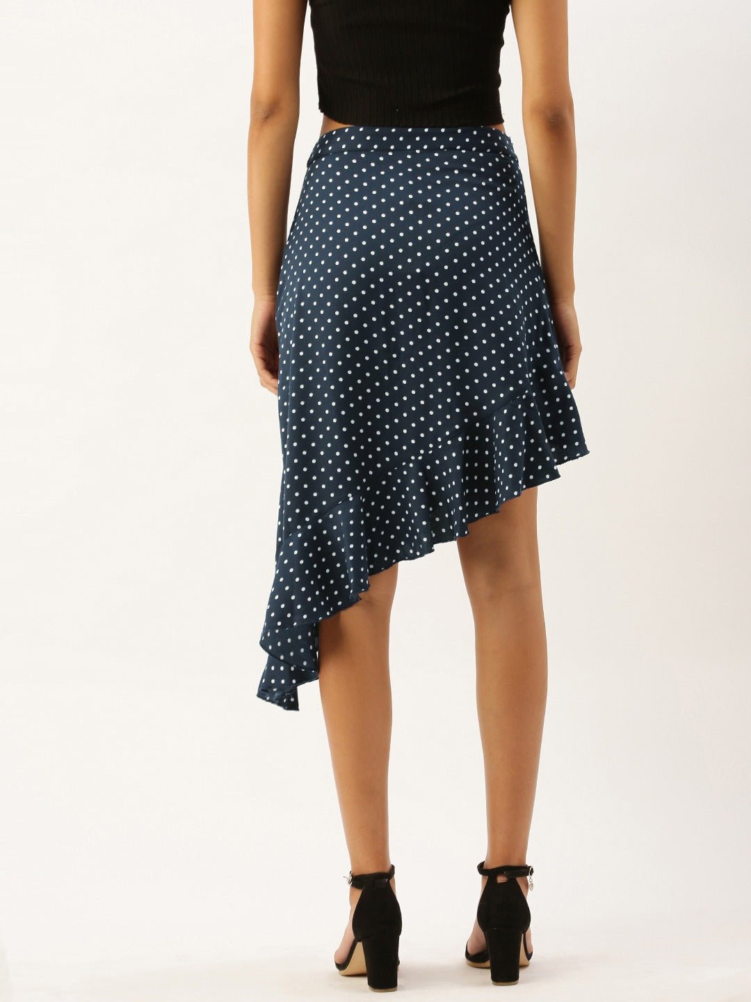 Folk Republic Women Navy Blue Polka Dot Asymmetrical Hem Ruffled Skirt - #folk republic#