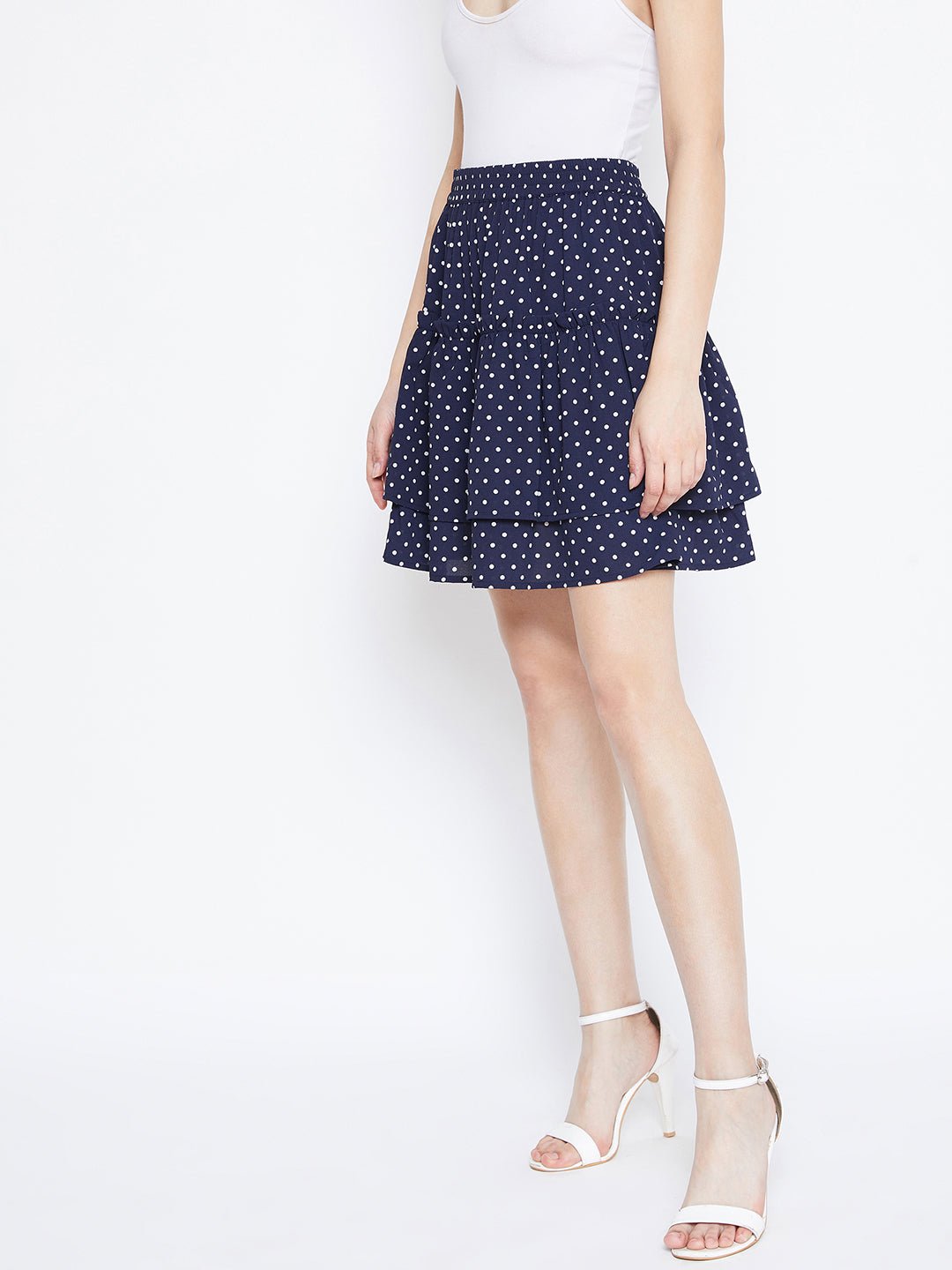 Folk Republic Women Navy Blue Polka Dot Print Layered Slip-On Mini Skirt - #folk republic#