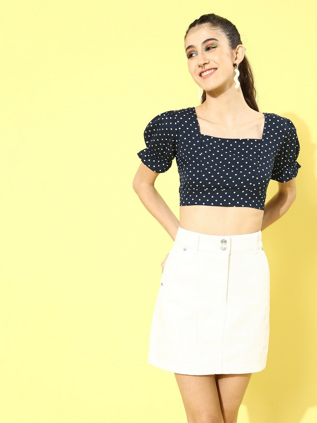 Folk Republic Women Navy Blue Polka Dot Printed Crepe Empire Crop Top - #folk republic#