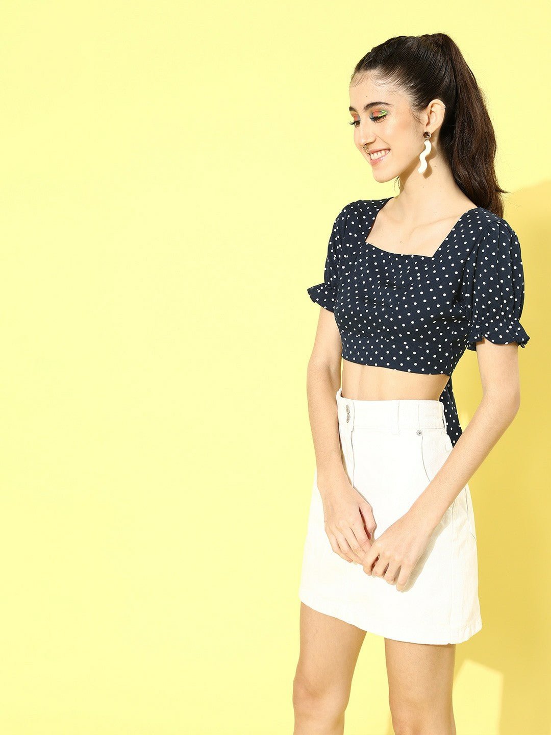 Folk Republic Women Navy Blue Polka Dot Printed Crepe Empire Crop Top - #folk republic#