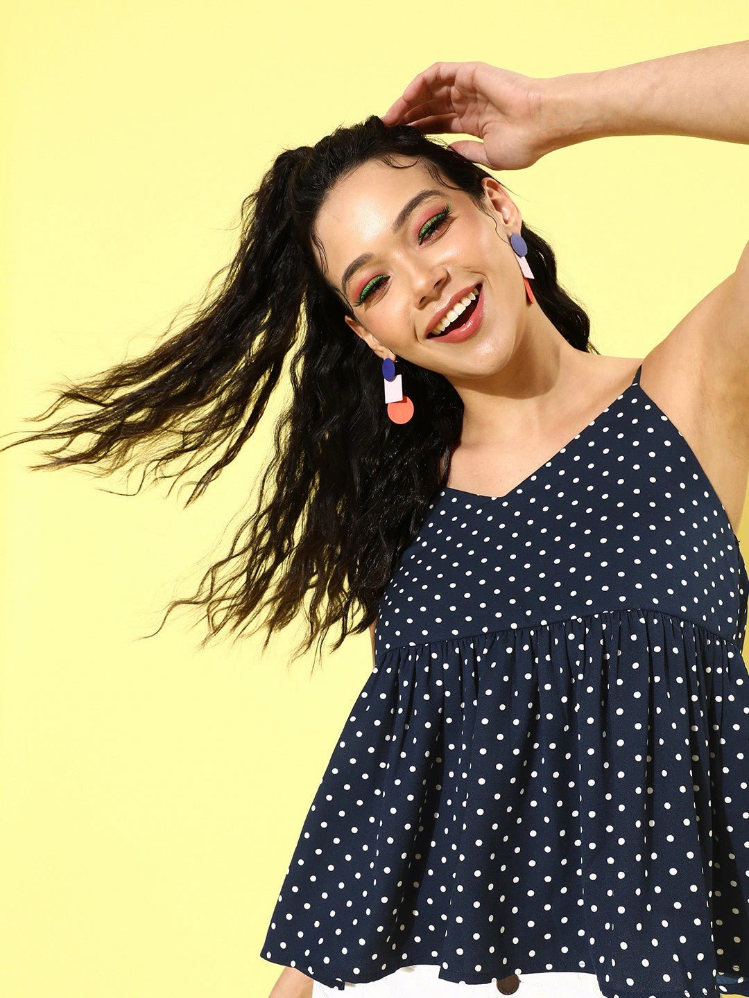 Folk Republic Women Navy Blue Polka Dot Printed Crepe Peplum Top - #folk republic#