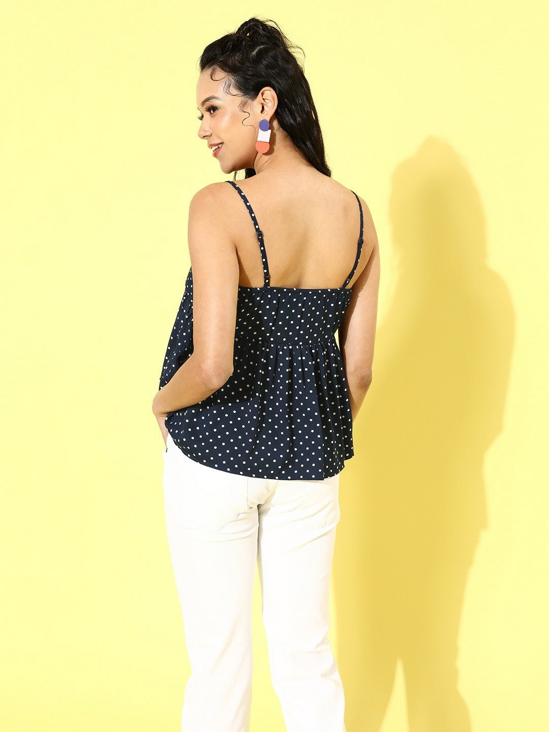 Folk Republic Women Navy Blue Polka Dot Printed Crepe Peplum Top - #folk republic#