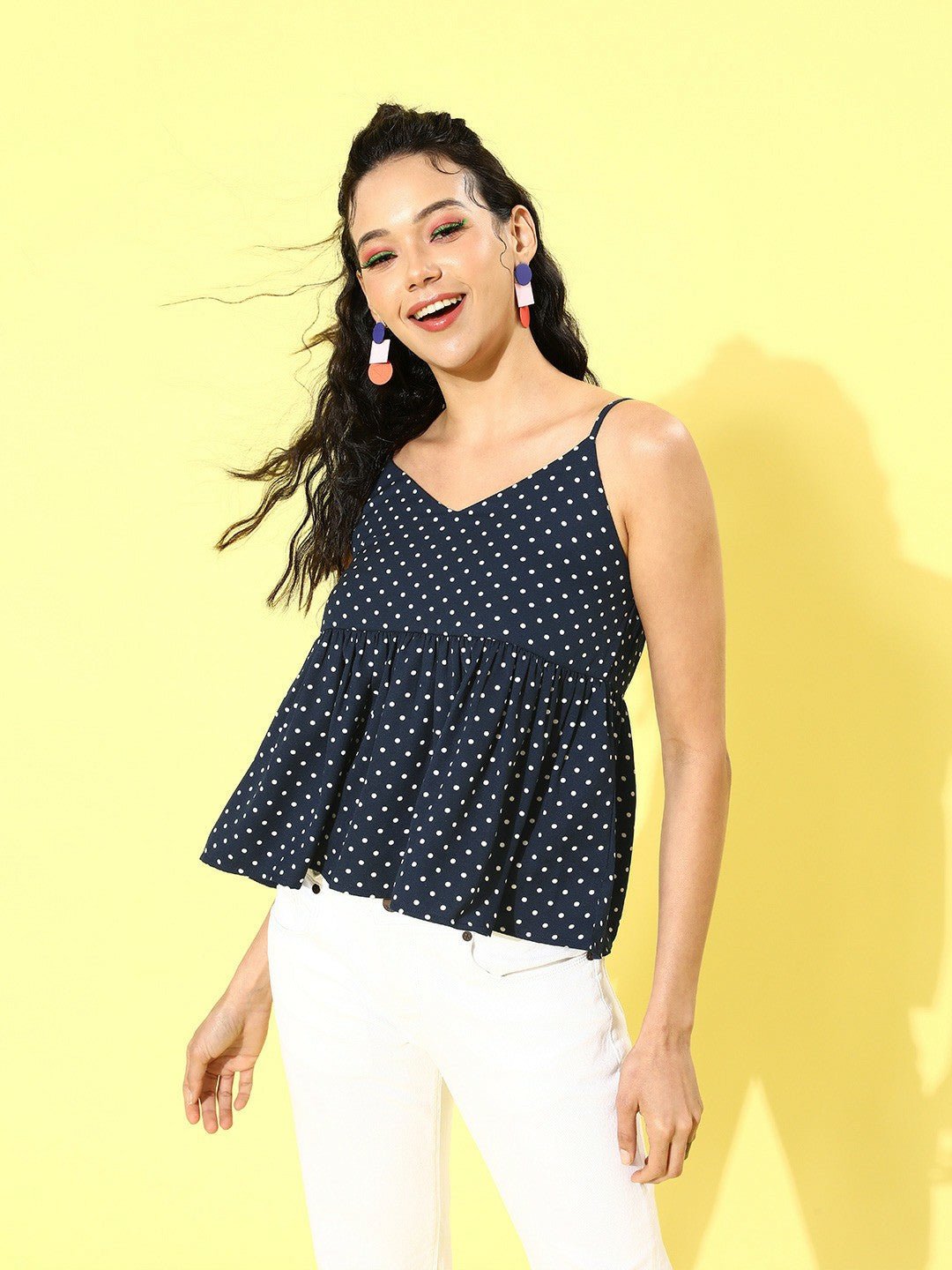 Folk Republic Women Navy Blue Polka Dot Printed Crepe Peplum Top - #folk republic#
