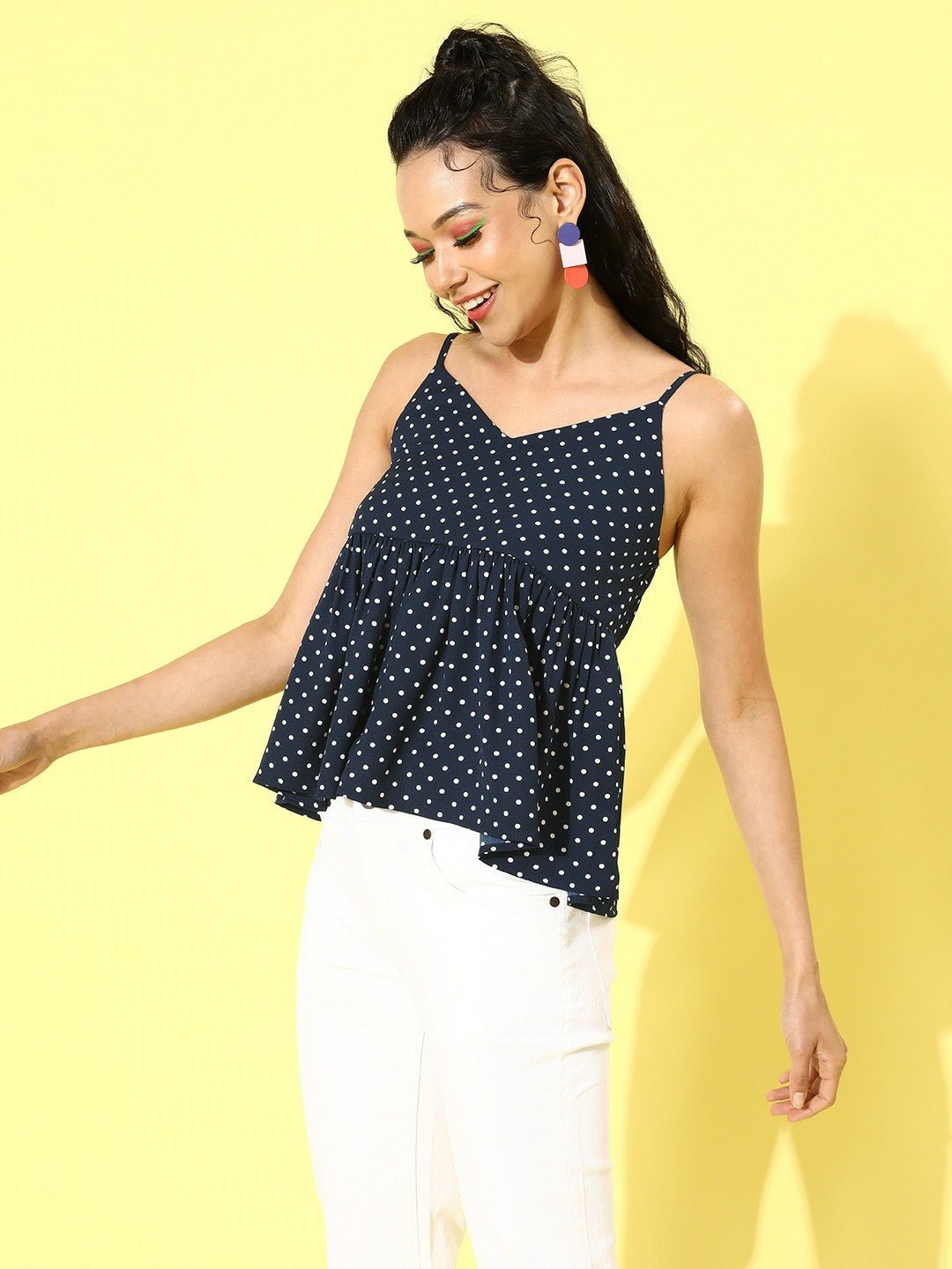 Folk Republic Women Navy Blue Polka Dot Printed Crepe Peplum Top - #folk republic#