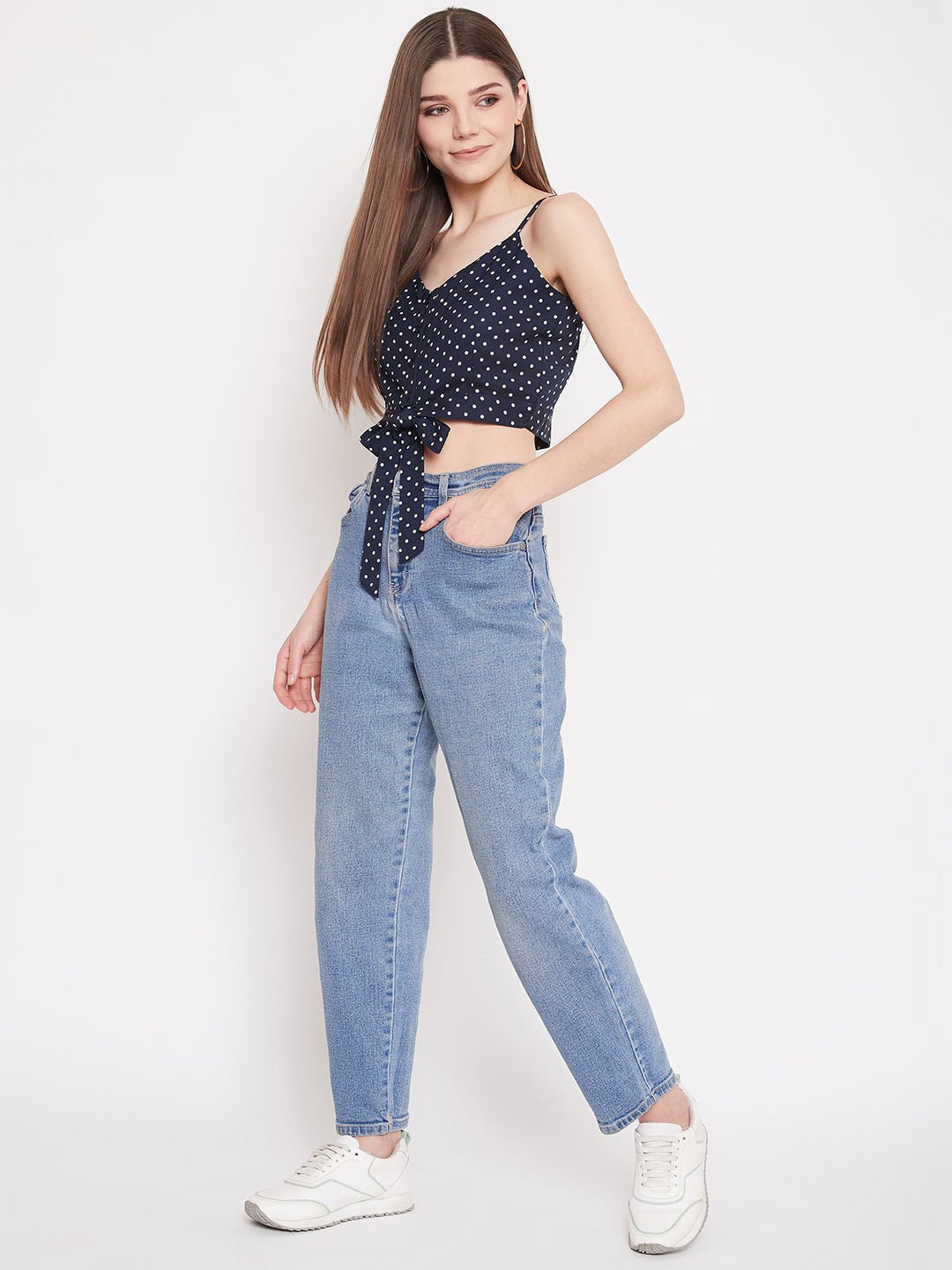 Folk Republic Women Navy Blue Polka Dot Printed Crop Top - #folk republic#