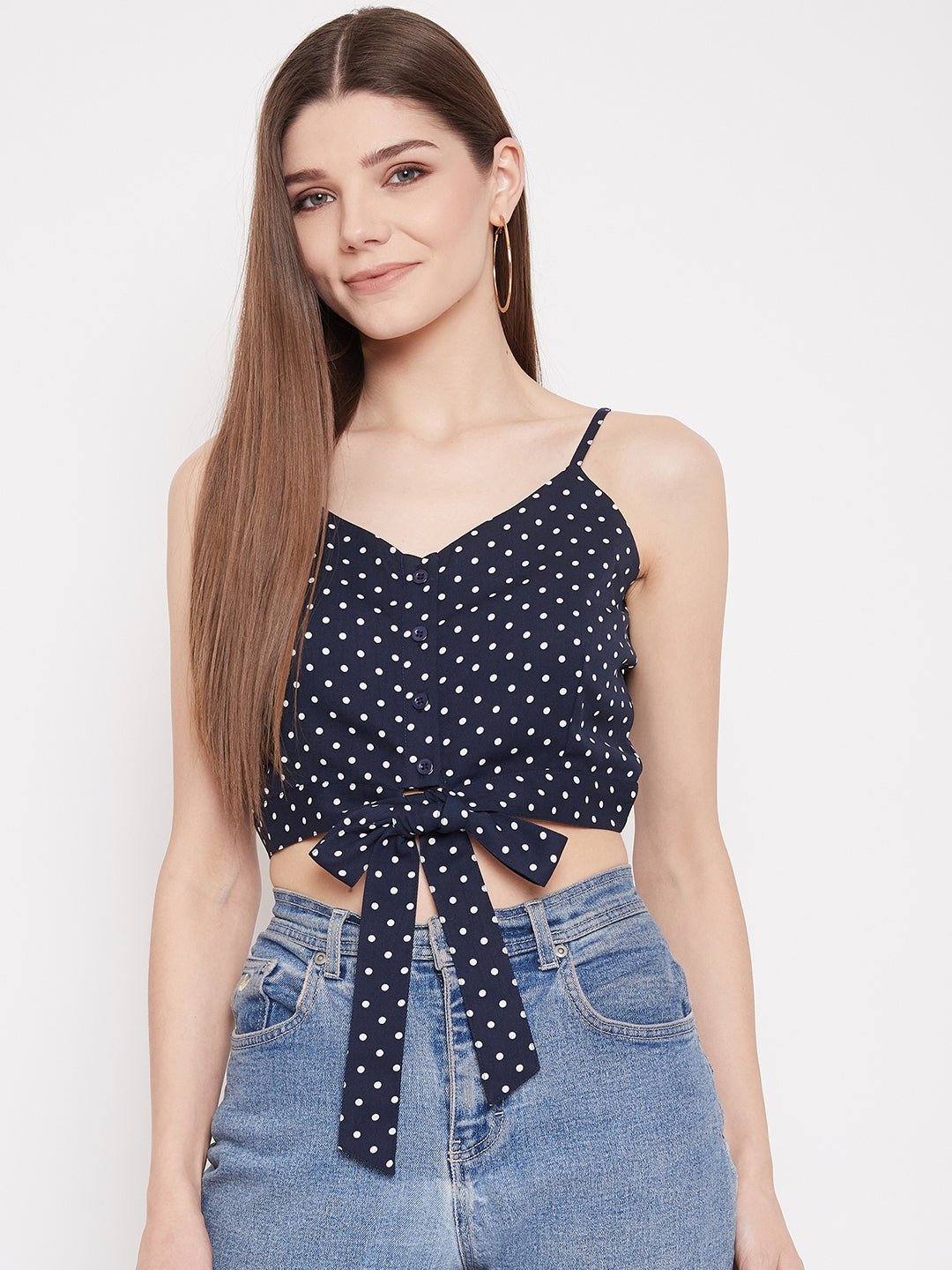 Folk Republic Women Navy Blue Polka Dot Printed Crop Top - #folk republic#