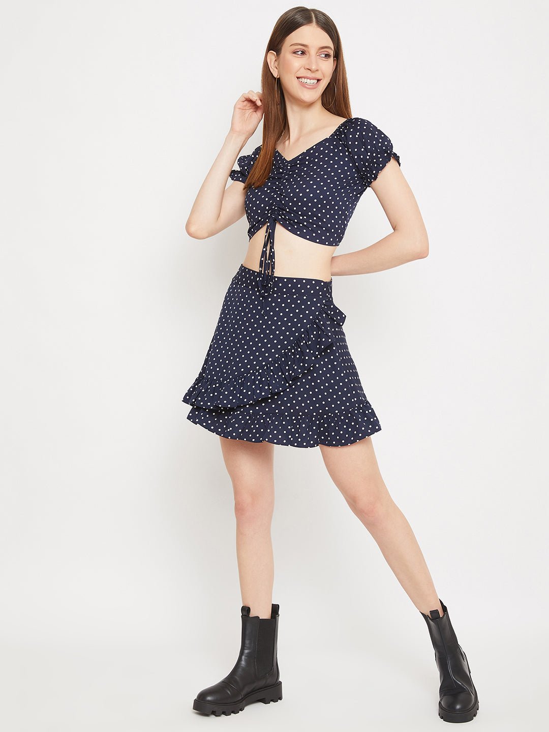 Folk Republic Women Navy Blue Polka Dot Printed Fit and Flare Dress - #folk republic#