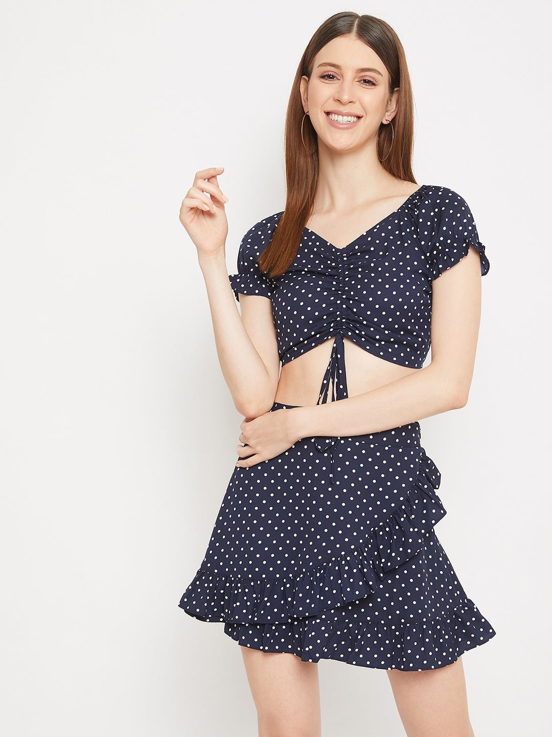 Folk Republic Women Navy Blue Polka Dot Printed Fit and Flare Dress - #folk republic#