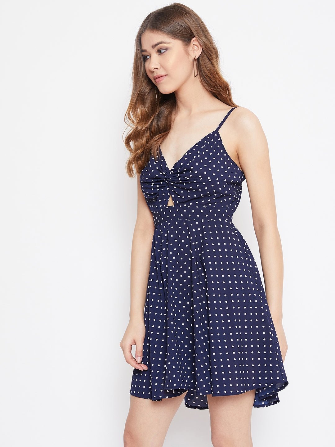 Folk Republic Women Navy Blue Polka Dot Printed Front Twist Knot Backless Fit & Flare Mini Dress - #folk republic#