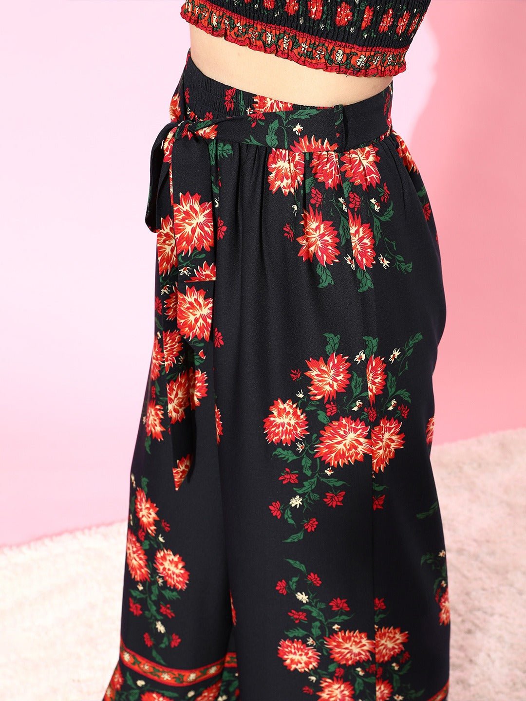 Folk Republic Women Navy Blue & Red Floral Printed Cami Top & Trousers Set - #folk republic#