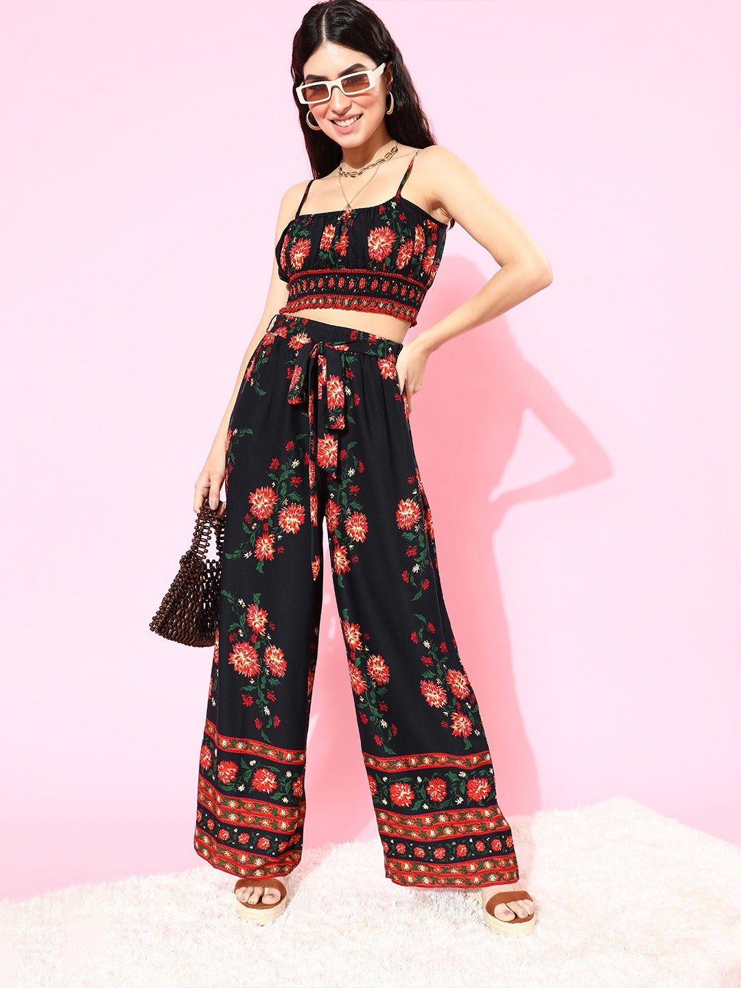 Folk Republic Women Navy Blue & Red Floral Printed Cami Top & Trousers Set - #folk republic#