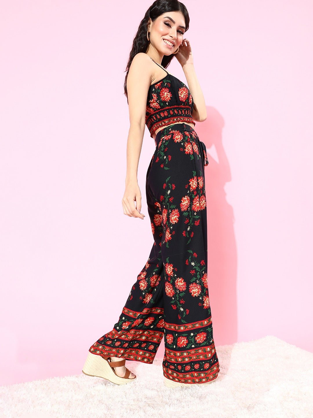 Folk Republic Women Navy Blue & Red Floral Printed Cami Top & Trousers Set - #folk republic#