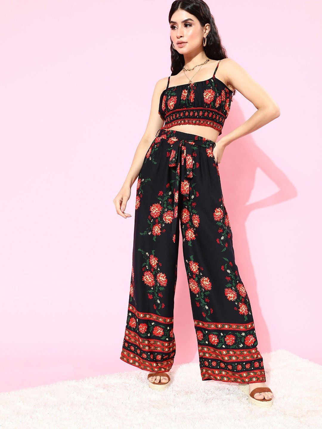 Folk Republic Women Navy Blue & Red Floral Printed Cami Top & Trousers Set - #folk republic#
