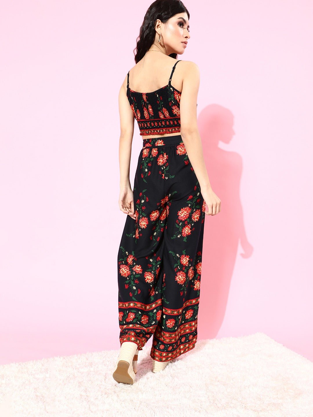 Folk Republic Women Navy Blue & Red Floral Printed Cami Top & Trousers Set - #folk republic#